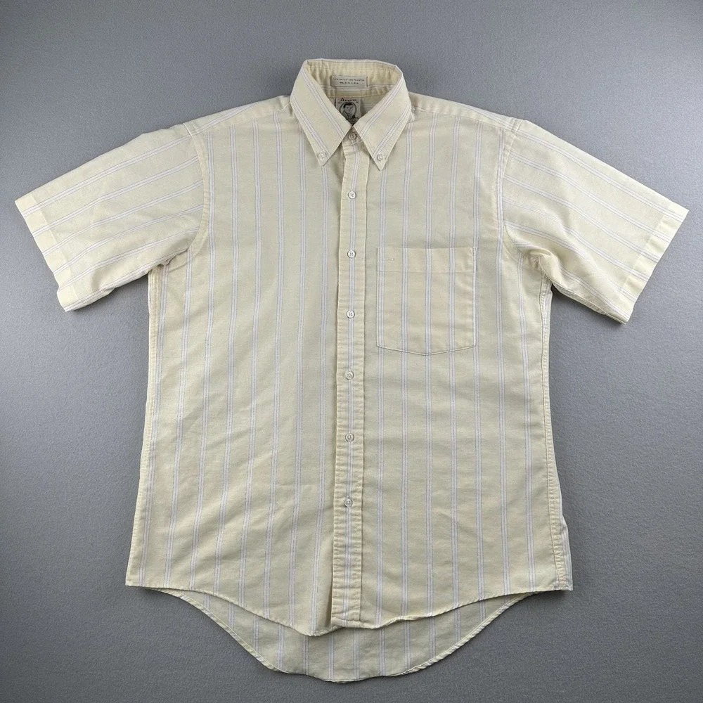 Vintage 70s Arrow Dover Yellow Striped Cotton Blend Shirt Mens 15‎ 1/2 Made USA